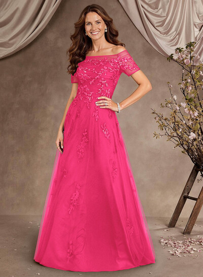 A-Line Off-The-Shoulder Short Sleeves Floor-Length Tulle Mother Of The Bride Dresses With Appliques Lace