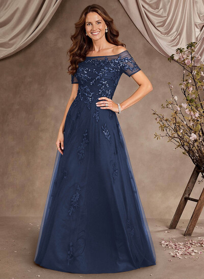A-Line Off-The-Shoulder Short Sleeves Floor-Length Tulle Mother Of The Bride Dresses With Appliques Lace