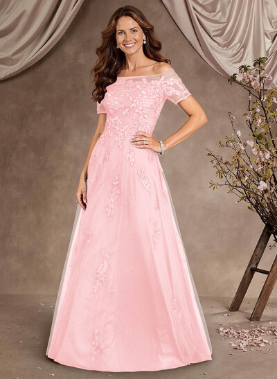 A-Line Off-The-Shoulder Short Sleeves Floor-Length Tulle Mother Of The Bride Dresses With Appliques Lace