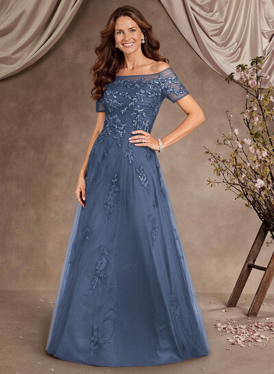 A-Line Off-The-Shoulder Short Sleeves Floor-Length Tulle Mother Of The Bride Dresses With Appliques Lace