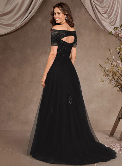 A-Line Off-The-Shoulder Short Sleeves Floor-Length Tulle Mother Of The Bride Dresses With Appliques Lace