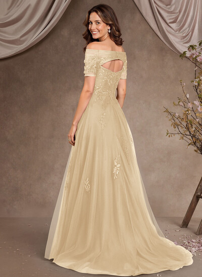 A-Line Off-The-Shoulder Short Sleeves Floor-Length Tulle Mother Of The Bride Dresses With Appliques Lace