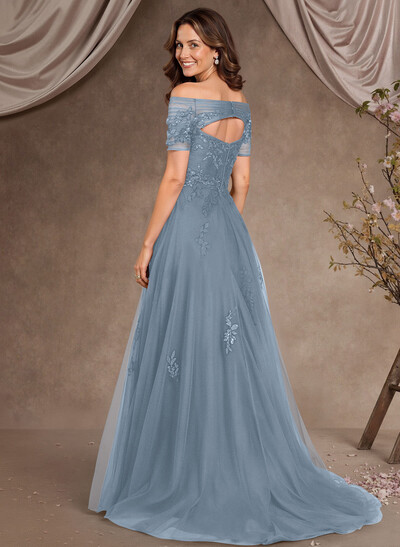 A-Line Off-The-Shoulder Short Sleeves Floor-Length Tulle Mother Of The Bride Dresses With Appliques Lace