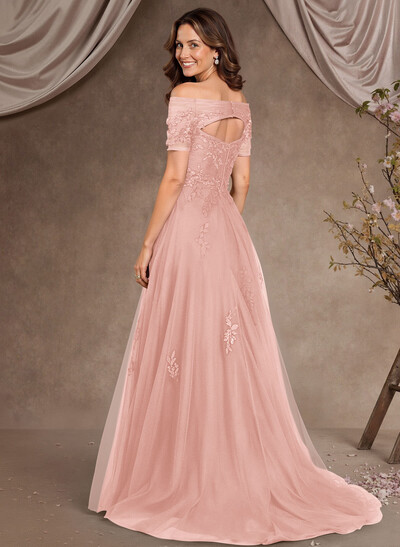 A-Line Off-The-Shoulder Short Sleeves Floor-Length Tulle Mother Of The Bride Dresses With Appliques Lace