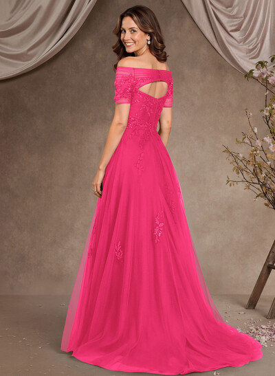 A-Line Off-The-Shoulder Short Sleeves Floor-Length Tulle Mother Of The Bride Dresses With Appliques Lace