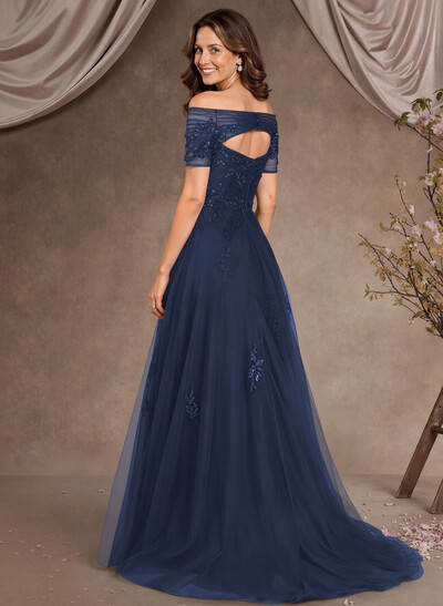 A-Line Off-The-Shoulder Short Sleeves Floor-Length Tulle Mother Of The Bride Dresses With Appliques Lace