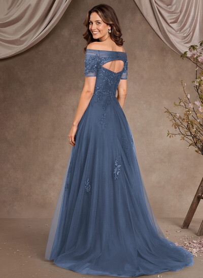 A-Line Off-The-Shoulder Short Sleeves Floor-Length Tulle Mother Of The Bride Dresses With Appliques Lace
