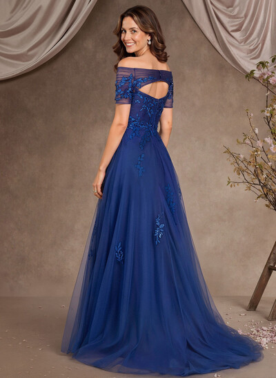 A-Line Off-The-Shoulder Short Sleeves Floor-Length Tulle Mother Of The Bride Dresses With Appliques Lace