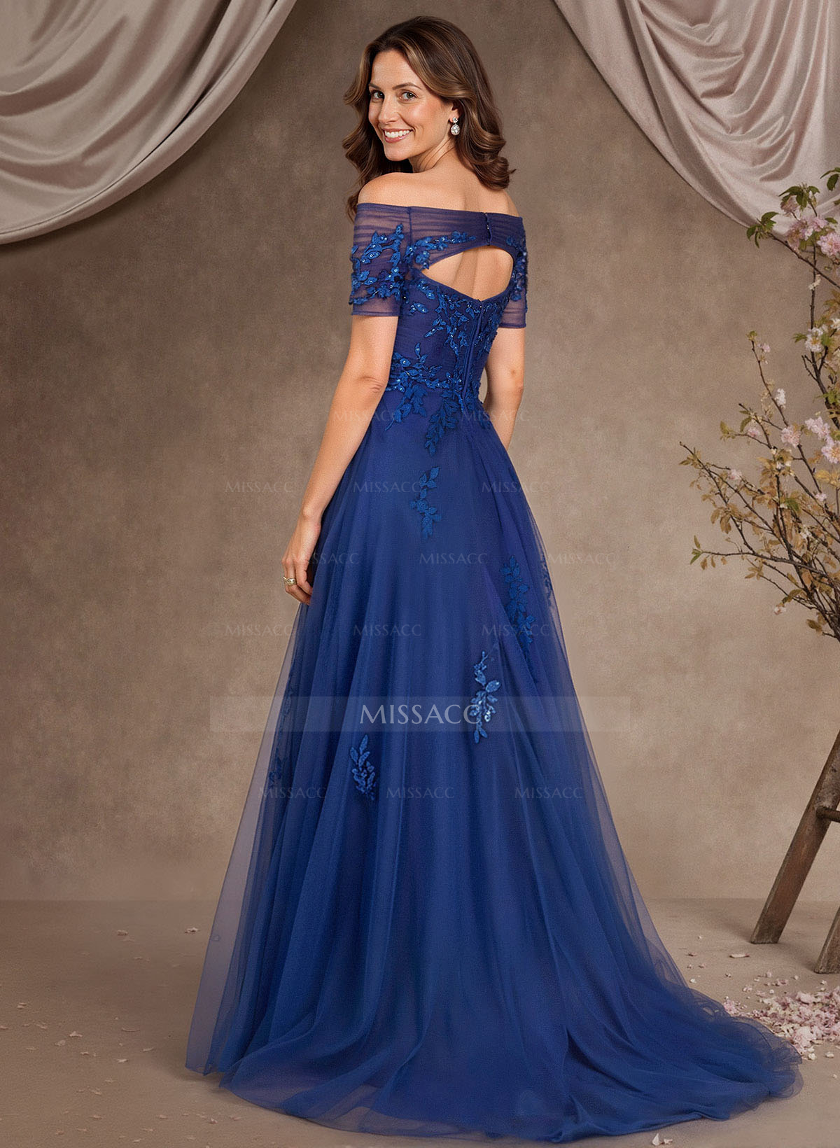 A-Line Off-The-Shoulder Short Sleeves Floor-Length Tulle Mother Of The Bride Dresses With Appliques Lace