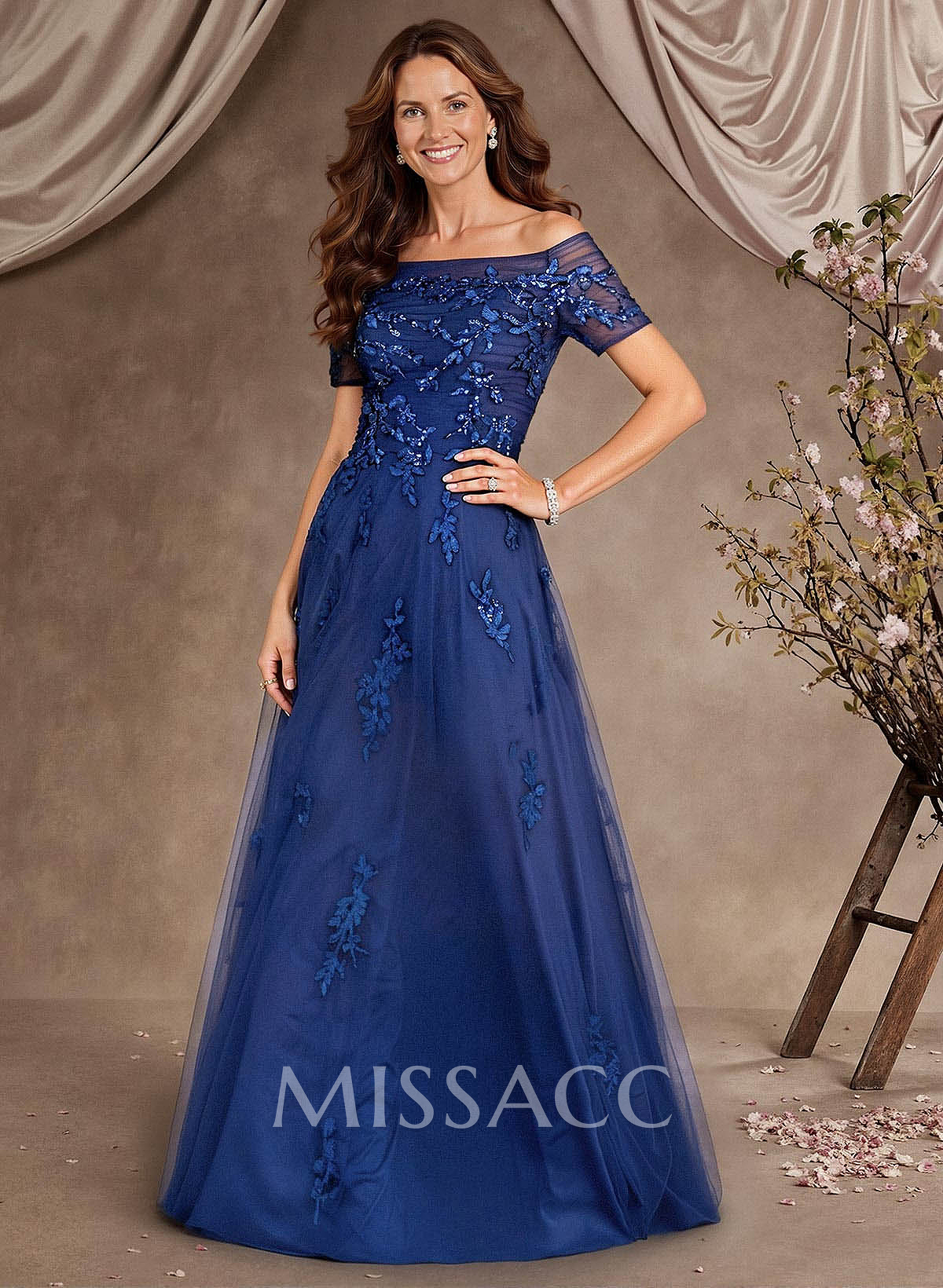 A-Line Off-The-Shoulder Short Sleeves Floor-Length Tulle Mother Of The Bride Dresses With Appliques Lace