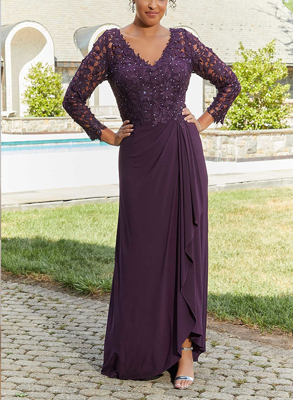 Sheath V-neck Long Sleeves Floor-Length Mother of the Bride Dresses With Lace
