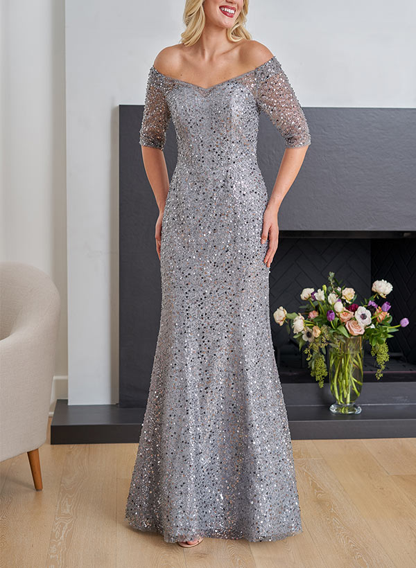 Sheath Off-the-Shoulder  Floor-Length Sequined Mother of the Bride Dresses