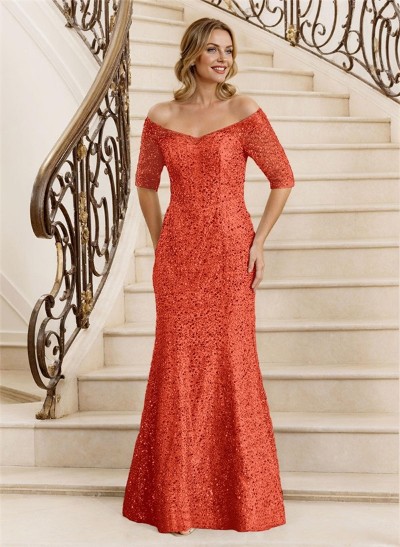 Sheath Off-The-Shoulder Floor-Length Sequined Mother Of The Bride Dresses