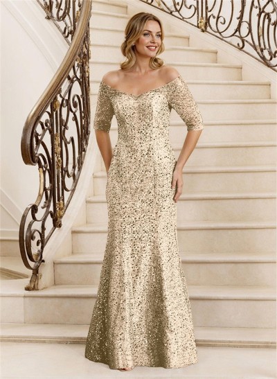 Sheath Off-The-Shoulder Floor-Length Sequined Mother Of The Bride Dresses