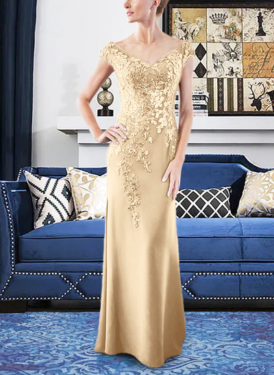 V-Neck Elastic Satin Mother Of The Bride Dresses With Appliques Lace