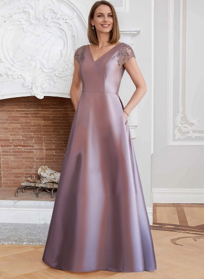 A-Line V-Neck Satin Mother Of The Bride Dresses With Pockets/Pleated