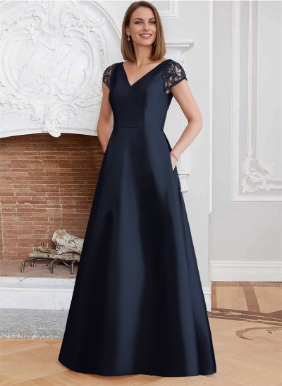 A-Line V-Neck Satin Mother Of The Bride Dresses With Pockets/Pleated