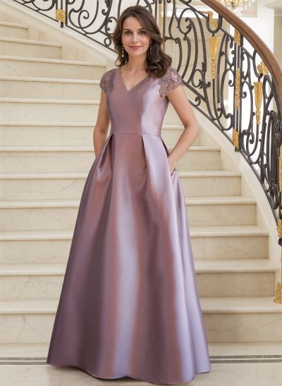 A-Line V-Neck Satin Mother Of The Bride Dresses With Pockets/Pleated