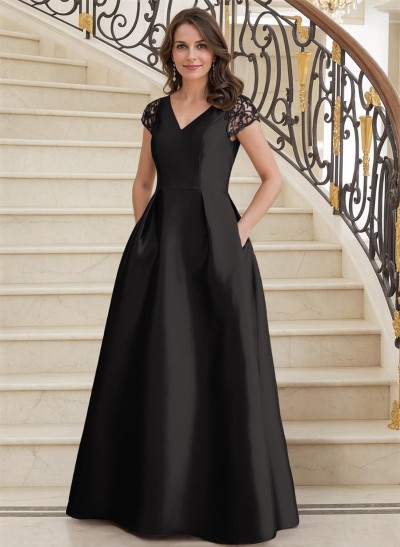 A-Line V-Neck Satin Mother Of The Bride Dresses With Pockets/Pleated