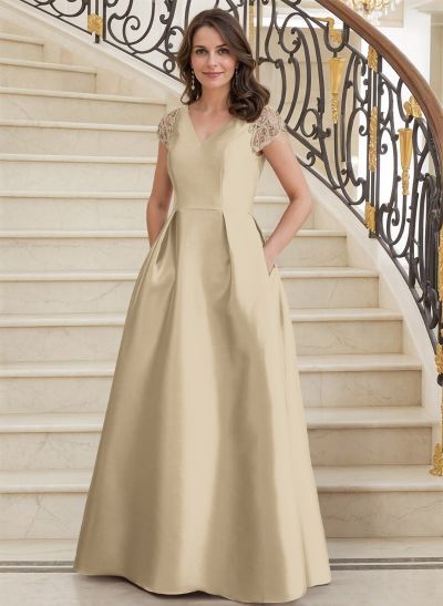 A-Line V-Neck Satin Mother Of The Bride Dresses With Pockets/Pleated