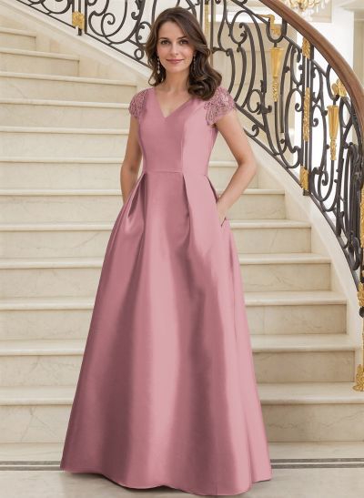 A-Line V-Neck Satin Mother Of The Bride Dresses With Pockets/Pleated