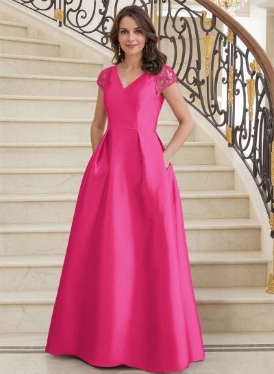 A-Line V-Neck Satin Mother Of The Bride Dresses With Pockets/Pleated