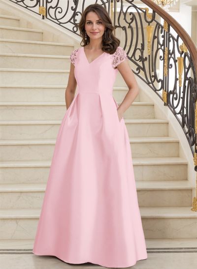 A-Line V-Neck Satin Mother Of The Bride Dresses With Pockets/Pleated