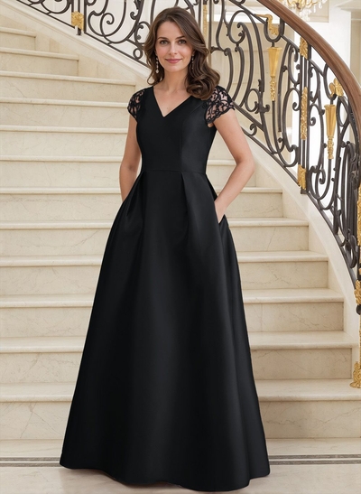 A-Line V-Neck Satin Mother Of The Bride Dresses With Pockets/Pleated