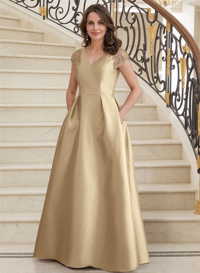A-Line V-Neck Satin Mother Of The Bride Dresses With Pockets/Pleated