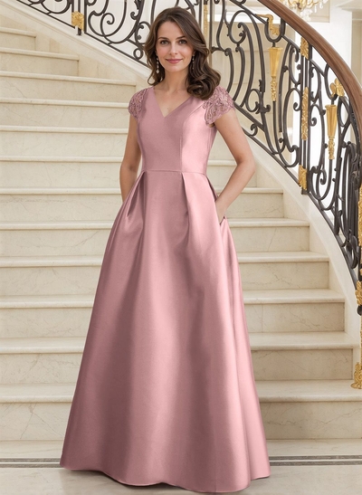 A-Line V-Neck Satin Mother Of The Bride Dresses With Pockets/Pleated