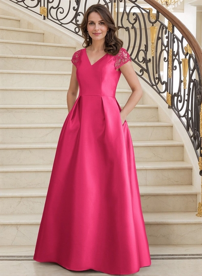 A-Line V-Neck Satin Mother Of The Bride Dresses With Pockets/Pleated