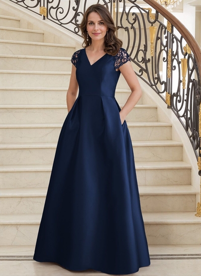 A-Line V-Neck Satin Mother Of The Bride Dresses With Pockets/Pleated