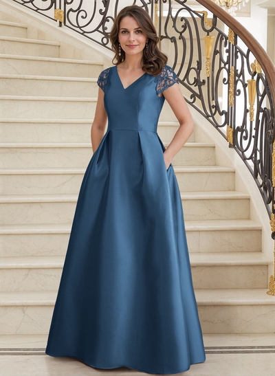 A-Line V-Neck Satin Mother Of The Bride Dresses With Pockets/Pleated
