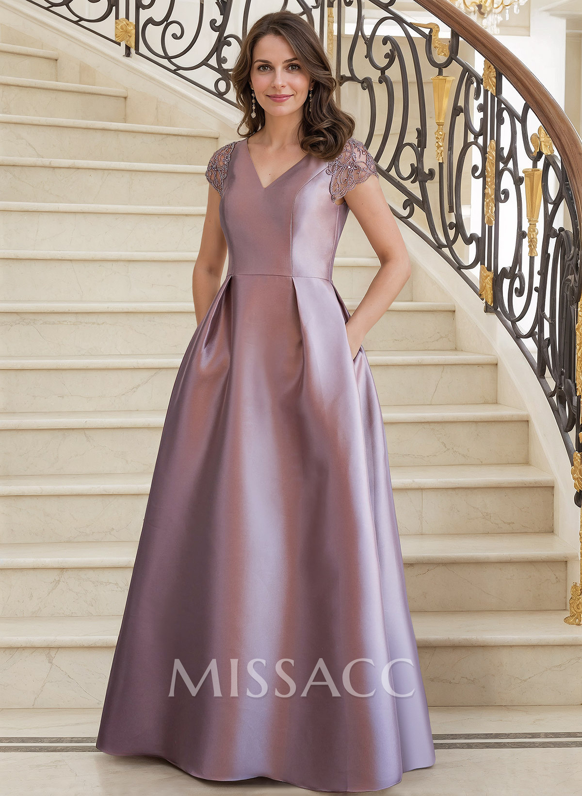 A-Line V-Neck Satin Mother Of The Bride Dresses With Pockets/Pleated A-Line V-Neck Satin Mother Of The Bride Dresses With Pockets/Pleated
