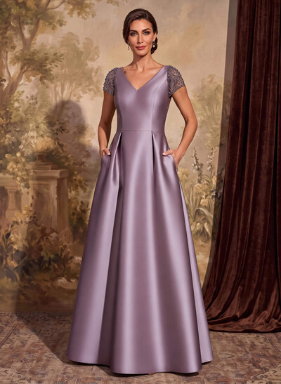 A-Line V-Neck Satin Mother Of The Bride Dresses With Pockets/Pleated