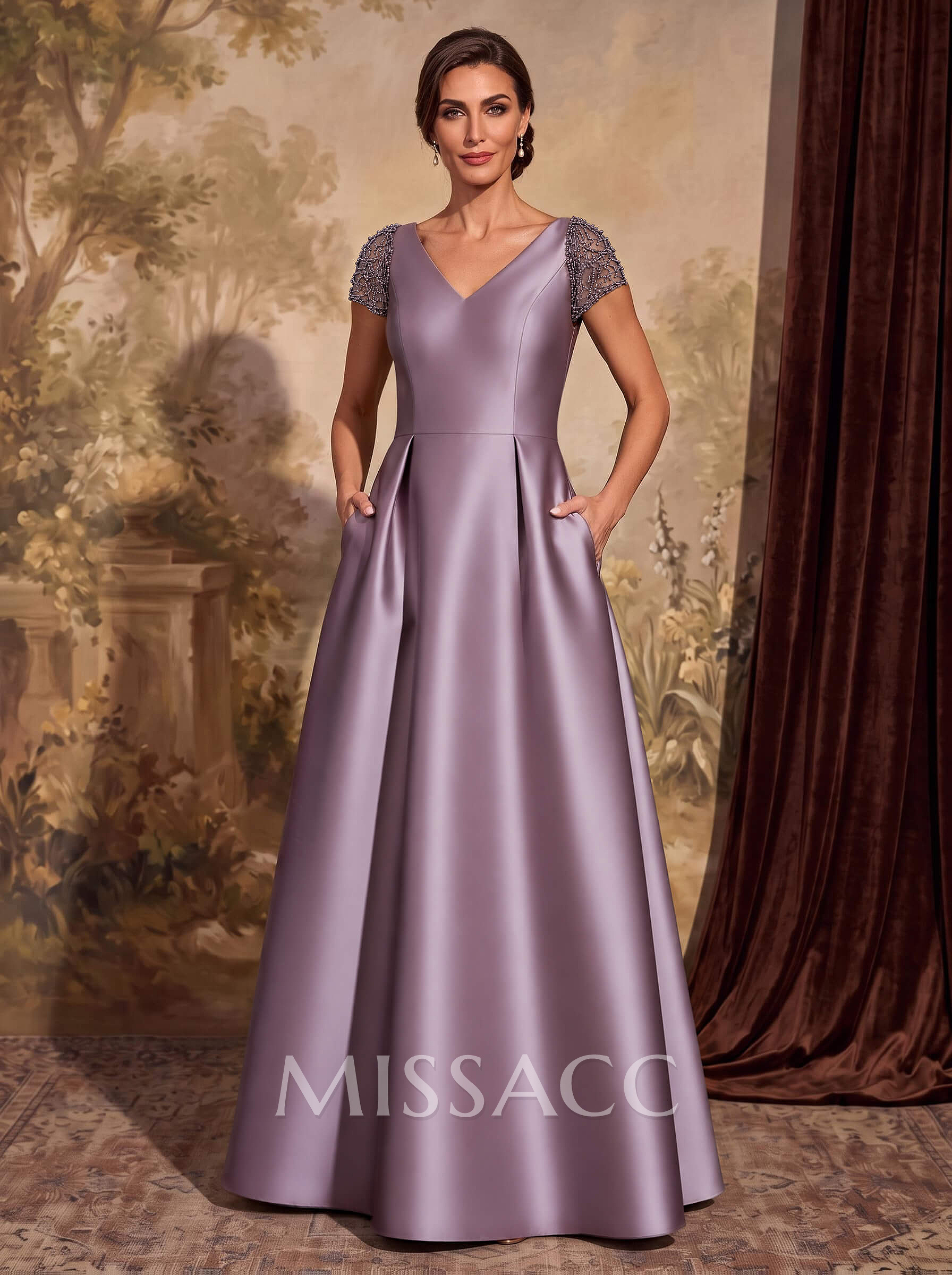 A-Line V-Neck Satin Mother Of The Bride Dresses With Pockets/Pleated