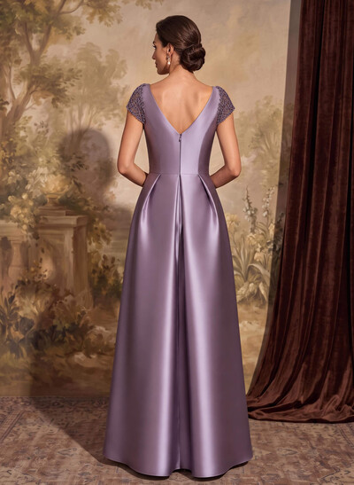 A-Line V-Neck Satin Mother Of The Bride Dresses With Pockets/Pleated