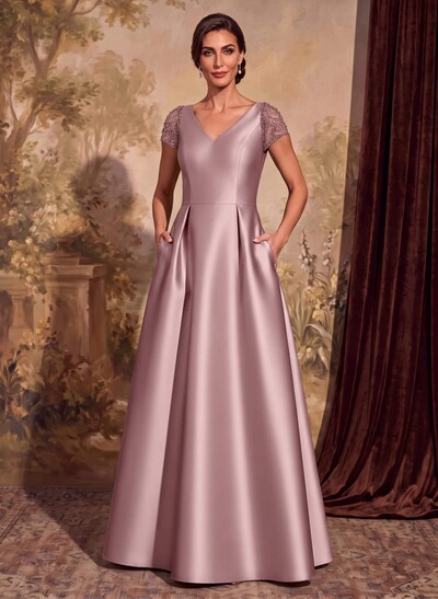 A-Line V-Neck Satin Mother Of The Bride Dresses With Pockets/Pleated
