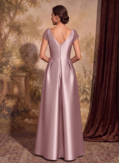 A-Line V-Neck Satin Mother Of The Bride Dresses With Pockets/Pleated