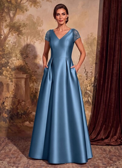 A-Line V-Neck Satin Mother Of The Bride Dresses With Pockets/Pleated