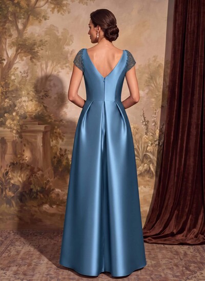 A-Line V-Neck Satin Mother Of The Bride Dresses With Pockets/Pleated