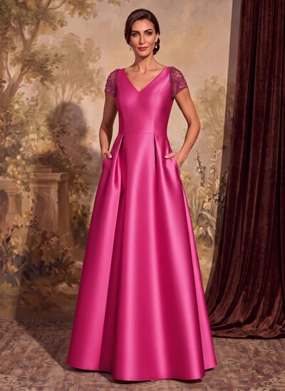 A-Line V-Neck Satin Mother Of The Bride Dresses With Pockets/Pleated