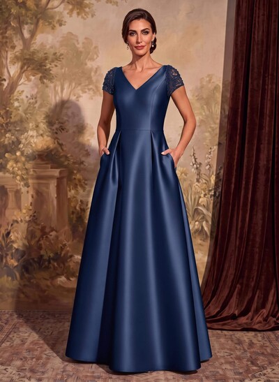 A-Line V-Neck Satin Mother Of The Bride Dresses With Pockets/Pleated
