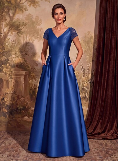 A-Line V-Neck Satin Mother Of The Bride Dresses With Pockets/Pleated