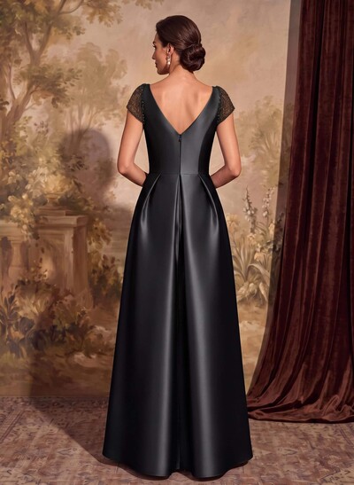A-Line V-Neck Satin Mother Of The Bride Dresses With Pockets/Pleated