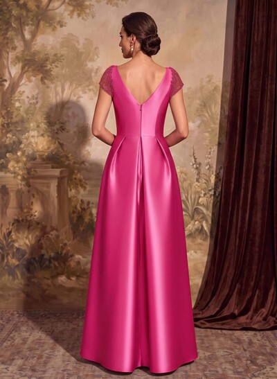 A-Line V-Neck Satin Mother Of The Bride Dresses With Pockets/Pleated