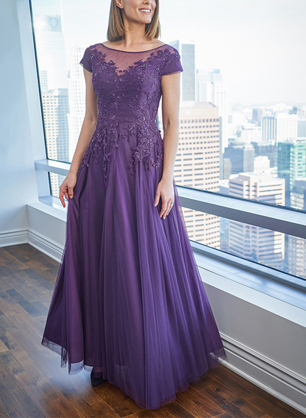 A-Line Illusion Neck Tulle Mother of the Bride Dresses With Appliques Lace