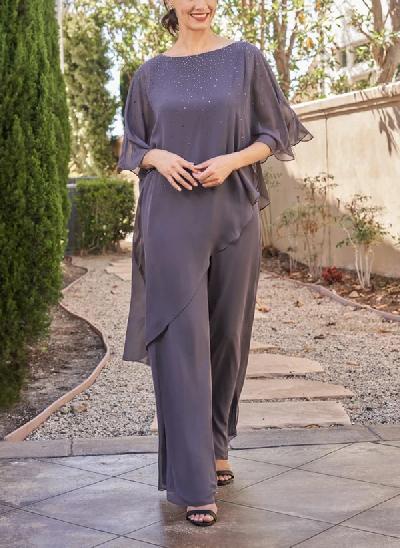 Pantsuit Scoop Neck Chiffon Mother of the Bride Dresses With Rhinestone