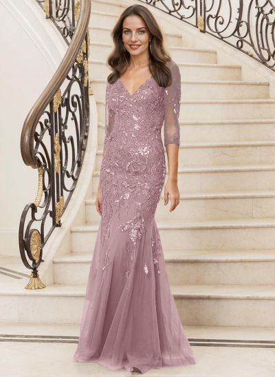 Mermaid V-Neck Lace/Tulle Mother Of The Bride Dresses With Sequins