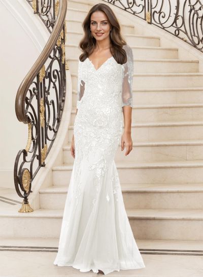 Mermaid V-Neck Lace/Tulle Mother Of The Bride Dresses With Sequins